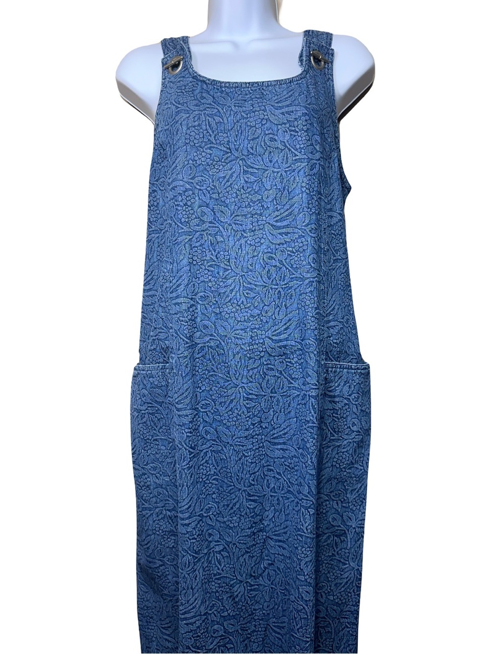 Vintage Y2K Floral Blue Denim Jacquard Jumper Maxi Dress Small